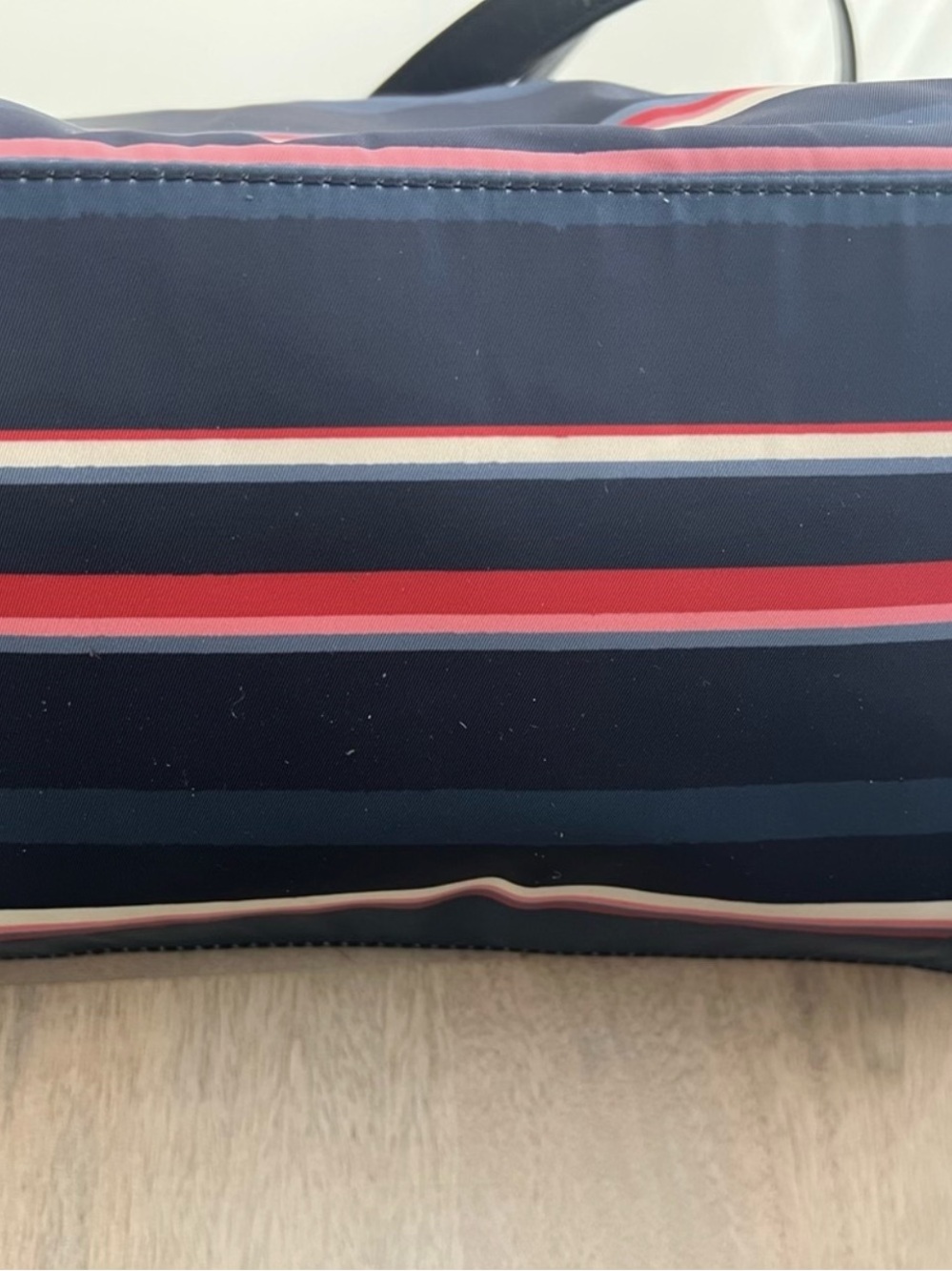 Authentic Tory Burch Nylon Stripe Zipper Tote Navy with red&white
Large Capacity - Picture 7 of 9